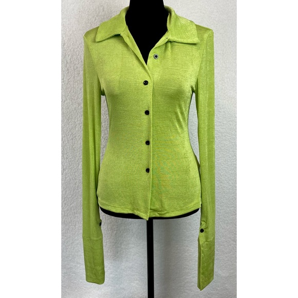 COMMENSE • Lime Green Exaggerated Long Sleeve Collared Button-Down Shirt - Picture 13 of 16